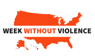 Image of orange US shape with words Week Without Violence on it